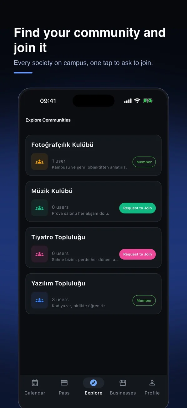 INTOPASS iOS app showing university communities