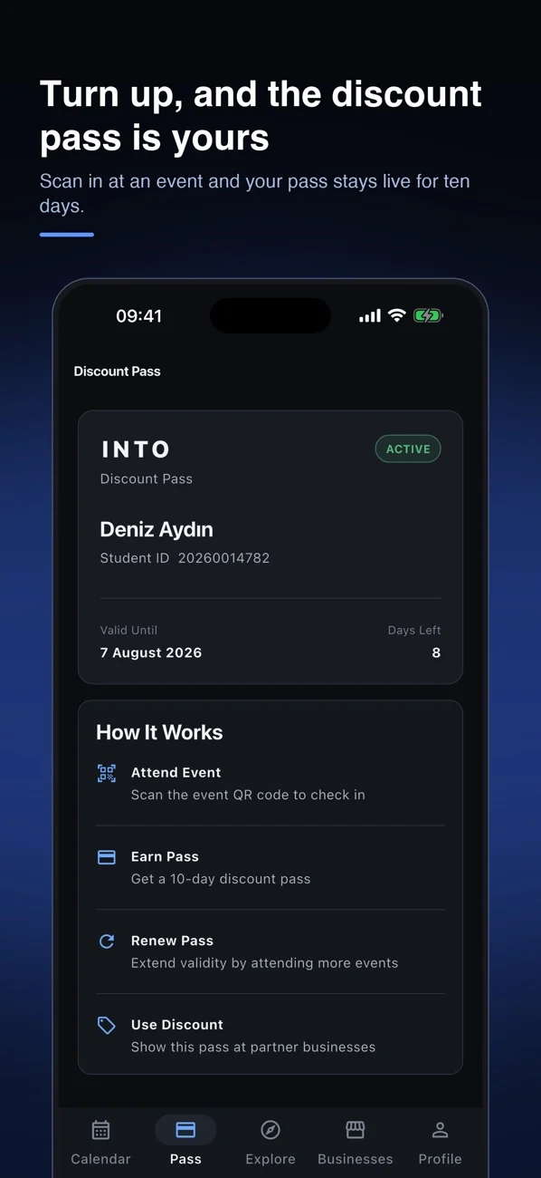 INTOPASS iOS app showing student discount pass