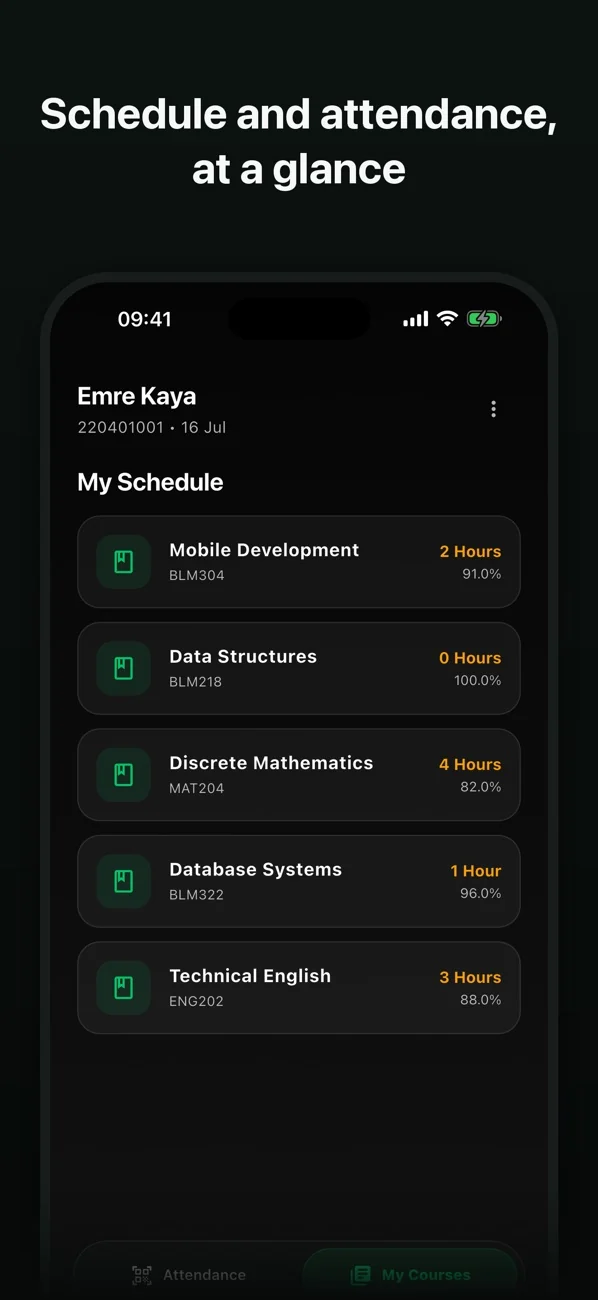 Secure QR Attendance iOS app showing course attendance